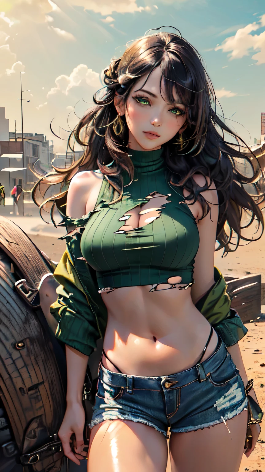 (Masterpiece, Best Quality, Details Shiny Skin: 1.2), Flawless, 8k, RAW, High Resolution, (1 Girl: 1.3), Realistic Textures, Torn Jeans, Green Crop Top, Ultra Shorts, perfect big Breasts, Bare Shoulders, Belly Button, Areola, black Hair, Long Hair, Straight Hair, green eyes, Wavy Updo, Olive Skin, High Quality Face