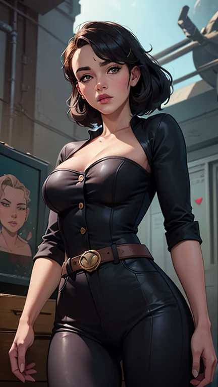 Personagem mulher estilo atompunk Fallout 4 cabelos pretos atriz Ella Purnell com marcas de guerras Imagem de desenho animado de uma mulher .Ilustracaoo estilo desenho animado, estilo de arte dos desenhos animados, estilo de arte dos desenhos animados, digital illustration style, estilo atompunk design de personagens altamente detalhado, arte digital detalhada coragem,actress Ella Purnell with black hair slim body Forest fan art, Design de cabelos pretos personagens de retrato, beautiful digital illustration, retrato de alta qualidade, Arte em quadrinhos, s . Eyelined eyes, medium bust and wonderful sexy clothes. image expression of sexual desire from waist to head illustration atompunk style Fallout 4 The perspective is from below, enfatizando a majestade e o poder da Gigante."actress Ella Purnell black hairA full-length illustration of a woman with fair skin, big olhos coloridos (olhos coloridos), sobrancelhas largas castanhas escuras, a button nose, sardas fracas, a heart-shaped face, pink lips with a soft Cupid's bow, her hair is chin length and short with a parte do meio and butterfly cut (cabelo curto) (parte do meio) (Galaxy), Her hair is dark brown (cabelo castanho muito escuro) but has a Galaxy in them and dozens of stars. She has a serious and intimidating expression. She is wearing an all terninho preto (terninho preto) com um top preto, luvas pretas sem dedos, muitos colares (muitos colares) (many rings), e sapatilhas pretas. She's floating and her hair is floating too. The background is a city at dusk with dark purple and blue.