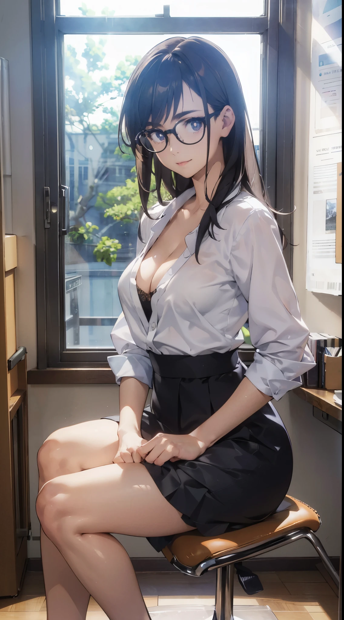 NSFW, (Official art、Best Quality、Unity 8k Wallpapers、32K、​masterpiece、ultra-detailliert、super high resolution、realisitic、Photorealsitic:1.2)、(natural soft light:1.2)、Fireglow effect、film grains、Best Shadows、side lights、sideshot、(Ultra-detailed and complex 3D rendering)、Detailed beautiful face and eyes、Sharp pupils、Realistic pupiliddlebreasts、Smile、high-heels、Woman in skirt and shirt sitting on desk, Office Clothes, on desk, Sit on a desk, Sitting on a desk,bent at the knees、Opening legs、open one's legs、pantie shot、 wearing business casual dress, A sexy、business clothes, In the office, wearing a suit and glasses, Fully dressed, business outfit, embarrassed from, A slight smil、Business attire、cleavage of the breast、A sexy、