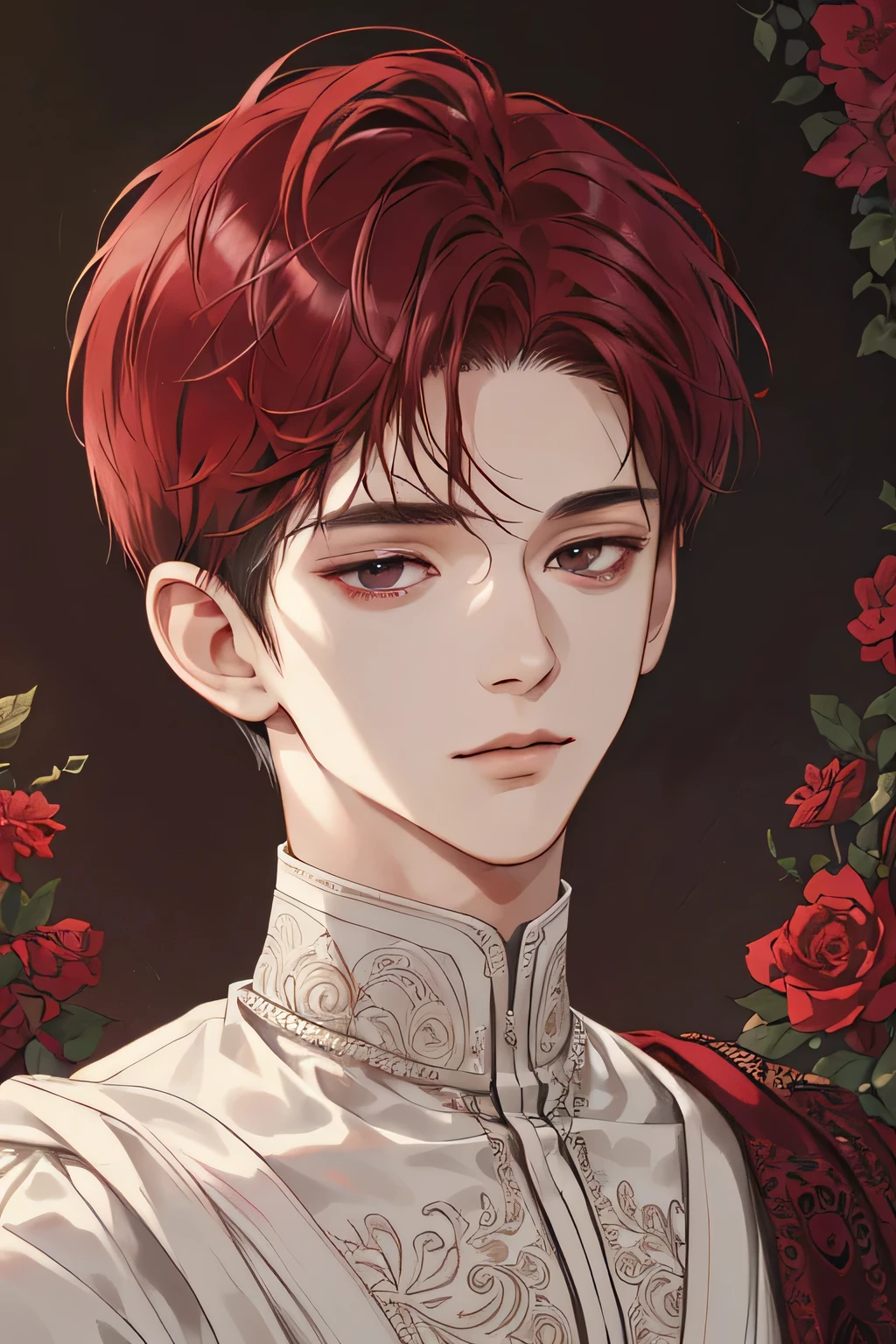 (extreamly delicate and beautiful:1.2), 8K,(masterpiece:1.0),(best_quality:1.0), 1 Boy, and intricate detailing, Enlarged textures, and intricate detailing, finely eye and detailed face, and intricate detailing, shiraga, maroon red short hair, (closed mouths), Perfect eyes, Equal eyes, black eyes (A Male god) Look at camera