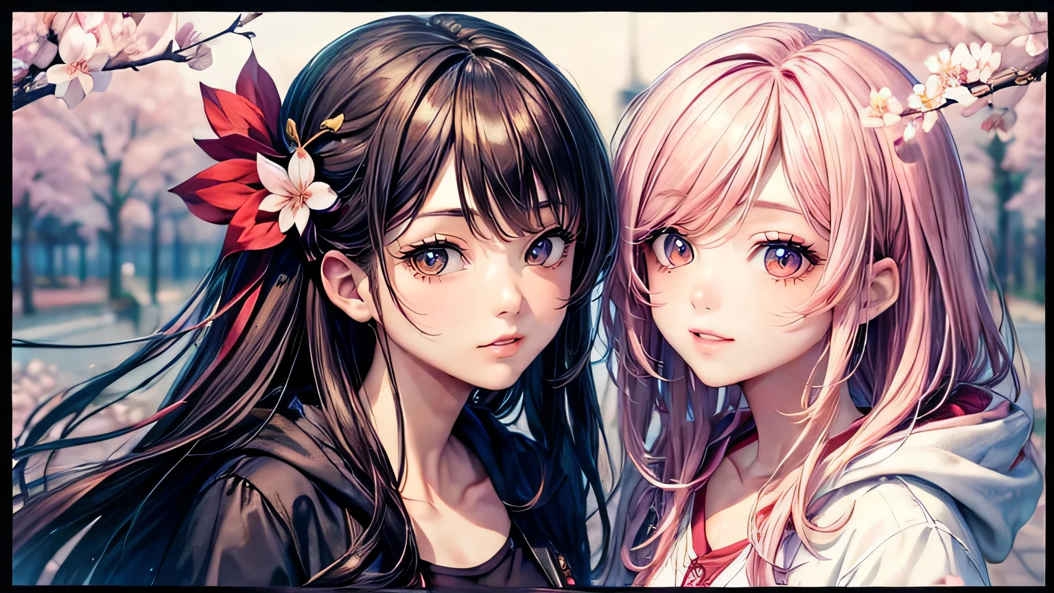 (oil, masterpiece, highest quality, Super detailed, Focus on the characters), Handsome man and pretty woman looking at each other、cherry blossoms，Detailed hair depiction,([return:0.8]|[ face facing returnwards:1.1]), 
hoodie,([Night cherry blossoms tree-lined scenario:1.2]|[ ground:1.3]| [High Contrast:1.1])  