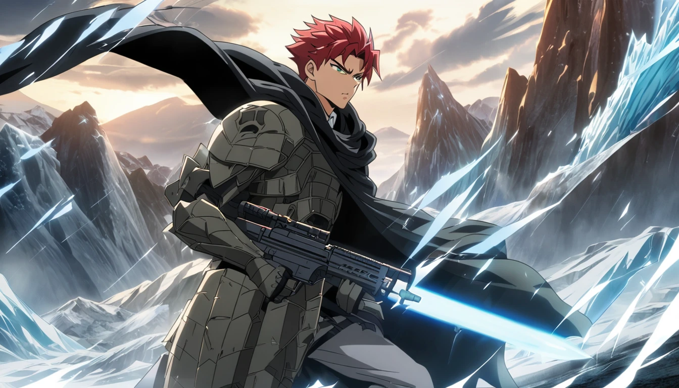 Red Hair,Black Cloak,White Outfit,FBI Armored,green right eyes,Black Left eyes,male,stanger,fantasy,Glacier background,anime style,HD,Time effect
