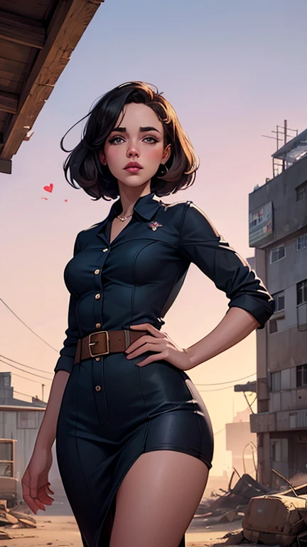 Personagem mulher estilo atompunk Fallout 4 cabelos pretos  atriz Ella Purnell com marcas de guerras Imagem de desenho animado de uma mulher .Ilustracaoo estilo desenho animado, estilo de arte dos desenhos animados, estilo de arte dos desenhos animados, digital illustration style, estilo atompunk design de personagens altamente detalhado, arte digital detalhada coragem,actress Ella Purnell with black hair slim body Forest fan art, Design de cabelos pretos personagens de retrato, beautiful digital illustration, retrato de alta qualidade, Arte em quadrinhos, s . Eyelined eyes, medium bust and wonderful sexy clothes. image expression of sexual desire from waist to head illustration atompunk style Fallout 4 The perspective is from below, enfatizando a majestade e o poder da Gigante."actress Ella Purnell black hairA full-length illustration of a woman with fair skin, big olhos coloridos (olhos coloridos), sobrancelhas largas castanhas escuras, a button nose, sardas fracas, a heart-shaped face, pink lips with a soft Cupid&#39;s bow, her hair is chin length and short with a parte do meio and butterfly cut (cabelo curto) (parte do meio) (Galaxy), Her hair is dark brown (cabelo castanho muito escuro) but has a Galaxy in them and dozens of stars. She has a serious and intimidating expression. She is wearing an all terninho preto (terninho preto) com um top preto, luvas pretas sem dedos, muitos colares (muitos colares) (many rings), e sapatilhas pretas. She&#39;s floating and her hair is floating too. The background is a city at dusk with dark purple and blue.
