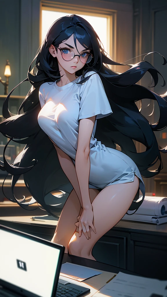 Counterfeit-V3.0, Beautiful ANIME woman in the same oversized t-shirt and short bottom short with her nerdy sunglass, 38 size large bust, sassy, working in her laptop in her messy apartment, realistic and detailed, best quality, a night in new york bustling city, masterpiece, 8k and Ultra HD and clear picture no blurry parts, no extra fingers and complete flawless fingers and perfect arms and fingers' position, whole body, perfectly normal body position and poses, in front of camera, everything in detail, in her pure dark long hair tied with bangs and dark brows and blue eyes, perfect generic body shape and all right angle of the body, soft features, fixed negative prompts