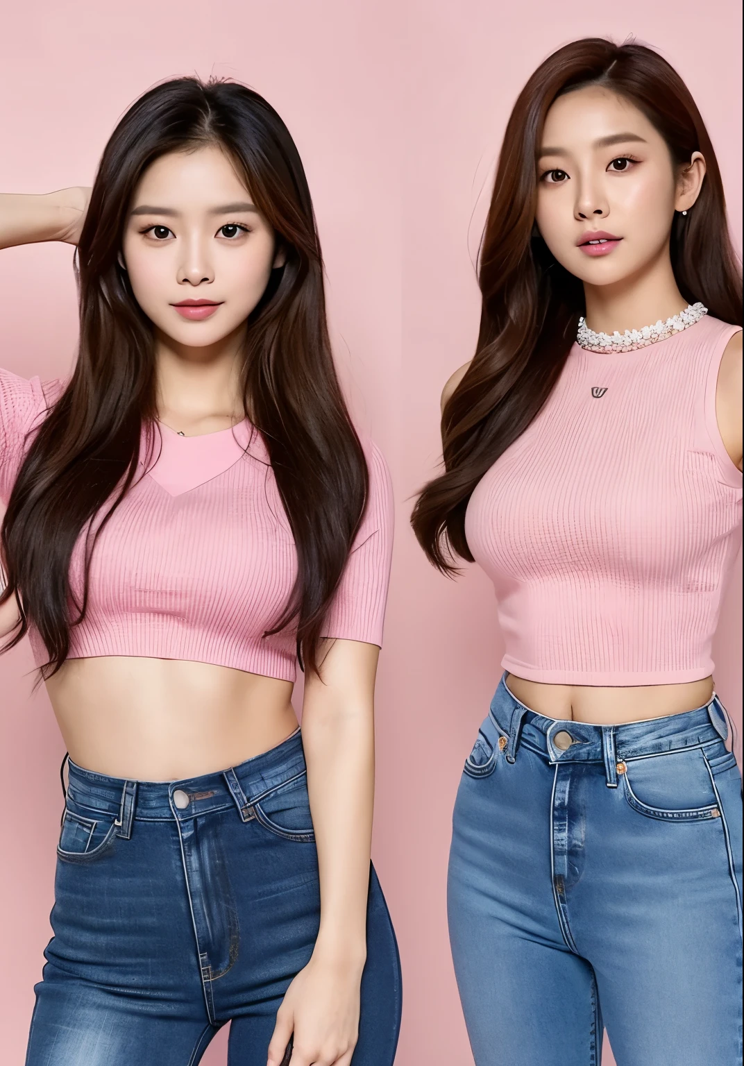 araffed asian woman in a pink top and jeans posing for a picture, ulzzang, tzuyu from twice, belle delphine, jisoo from blackpink, wearing a sexy cropped top, wearing crop top, 2 4 year old female model, blackpink jennie, chiho, physical : tinyest midriff ever, e - girl, e-girl