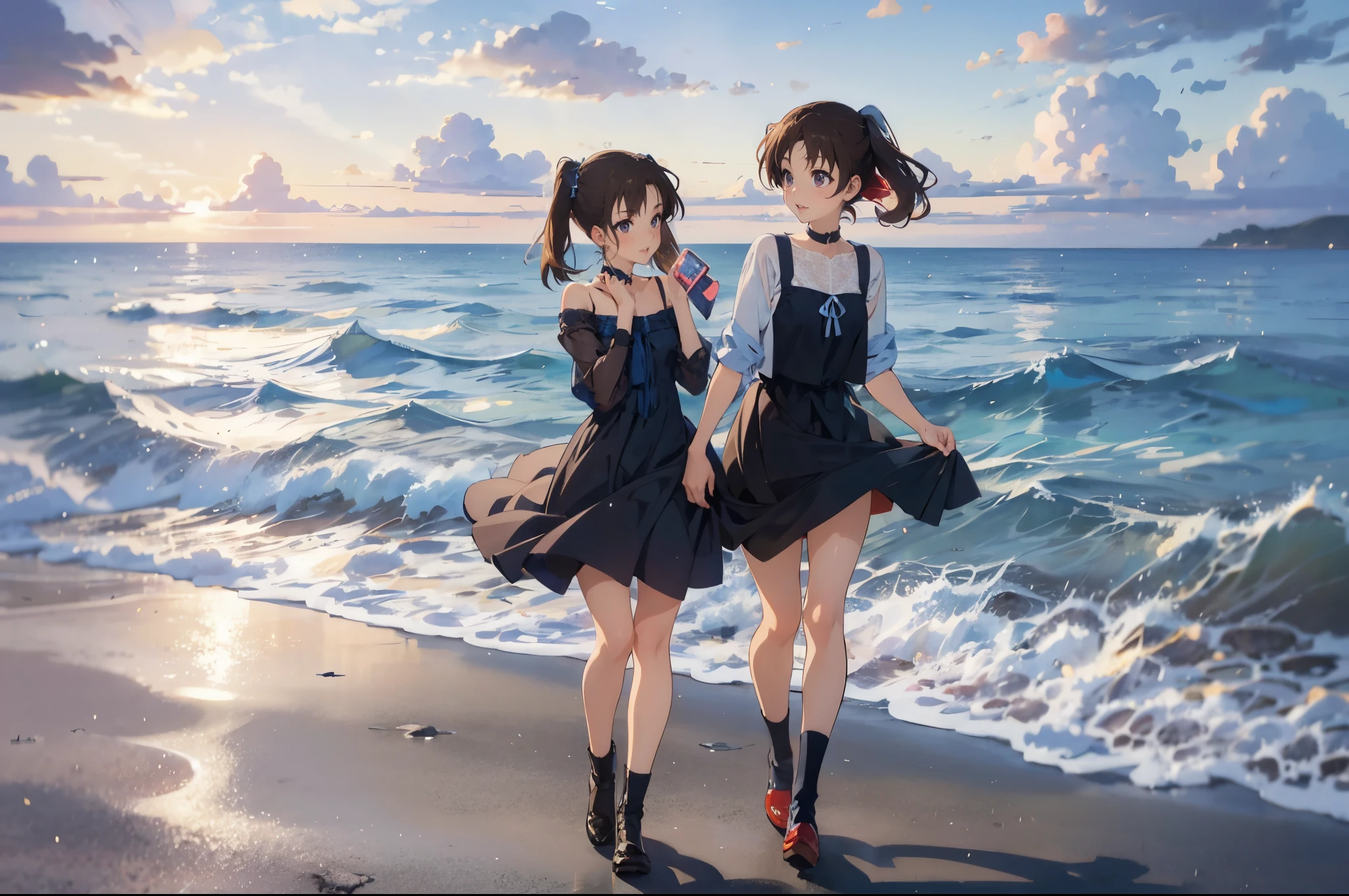 a cartoon girl in a dress and boots talking on a cell phone, in dress, cute anime waifu in a nice dress, my dress up darling anime, anime girl wearing a black dress, pretty anime girl, intricate anime girl k-on kyoani, !!full body portrait!!, anime full body illustration, young anime girl, beautiful anime girl, by the sea,
