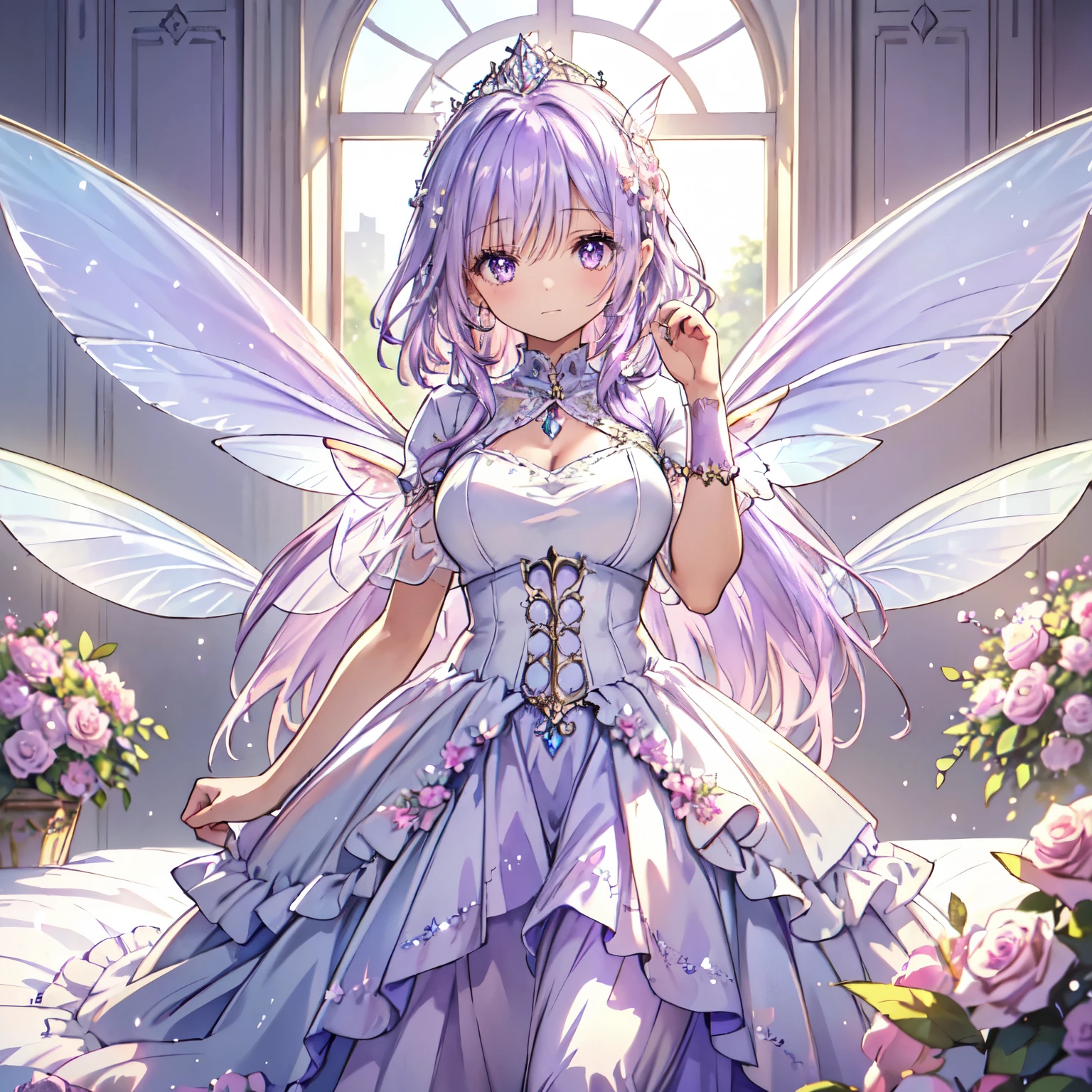 (highest quality, Very detailed, beautiful, Exquisite, 16k, Full HD), Looking down,(Sleep on your back,On the bed),((soft, Sparkly layered dress)),A large and beautiful dress inspired by rose flowers, Hanabubuki,The screen is surrounded by flowers,Frills,Decorated with rhinestones、Ball gown with intricate waves,(Art Station, Fantasy art:1.2), pastel colour,((Giant white fairy wings:1.5)),(fluffy hair,tiara,anklet,Long eyelashes, beautiful purple eyes,Cheeks are pale pink,fluffy),Dazzling Light, Warm lighting,Bright light,Romantic light,Light purple hair,Glasses