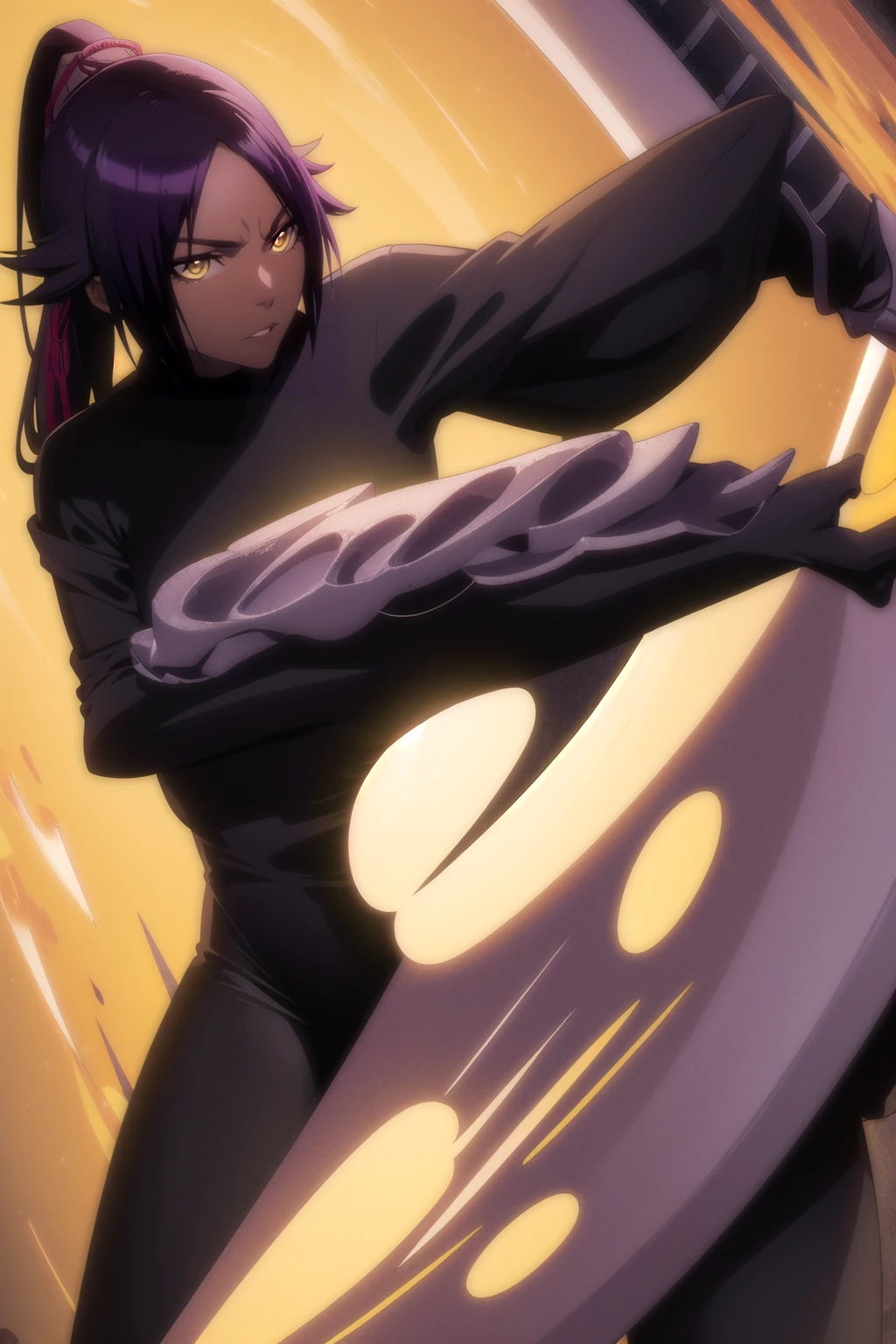 yoruichishihouin, yoruichi shihouin, long hair, (yellow eyes:1.5), ponytail, purple hair, dark skin, dark-skinned female,
BREAK bodysuit, black bodysuit, bodysuit under clothes, (black shirt:1.5), long sleeves,
BREAK outdoors,
BREAK looking at viewer, (cowboy shot:1.5),
BREAK (masterpiece:1.2), best quality, high resolution, unity 8k wallpaper, (illustration:0.8), (beautiful detailed eyes:1.6), extremely detailed face, perfect lighting, extremely detailed CG, (perfect hands, perfect anatomy), (dinamic poses)