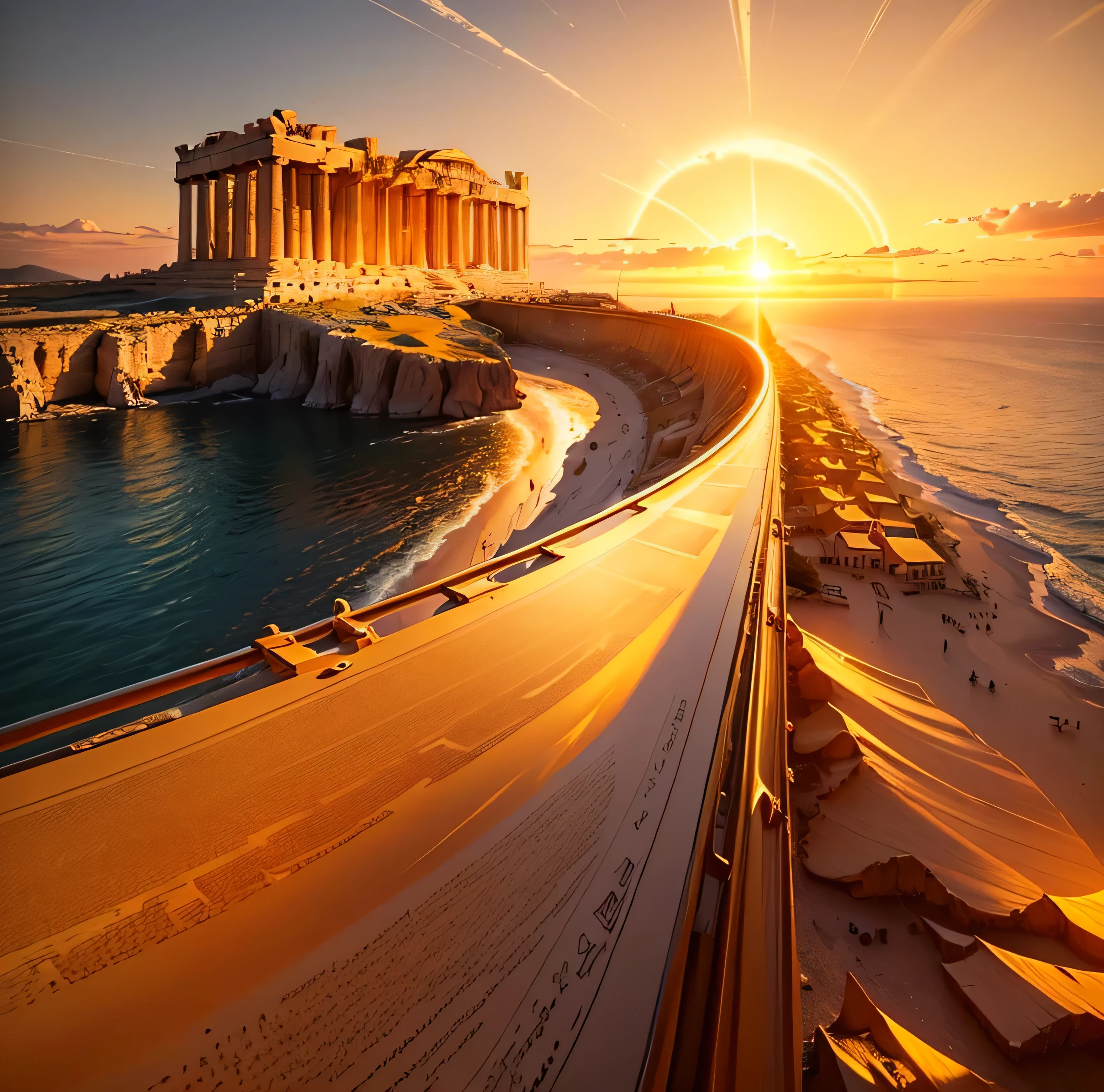 A golden land where everything shines gold 、Greece 、Aegean Sea、Golden sea、Parthenon temple、Golden Ancient Ruins. with the sun setting on the horizon, Painting the sky orange and gold,Natural beauty、 In a magical scene in the late afternoon." Lens flare