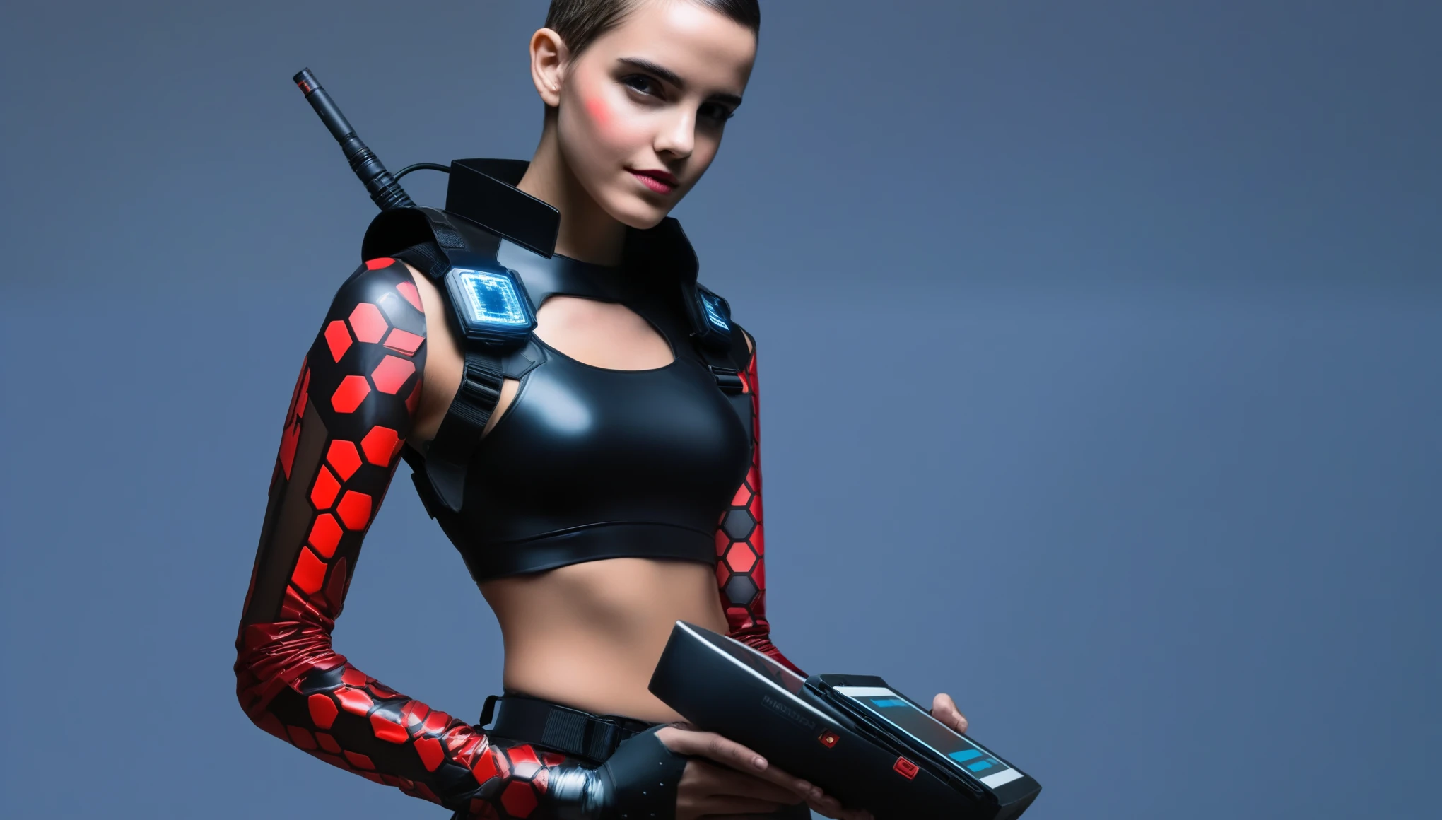 Two young female hackers sitting on the hood of an APC in a cyberpunk metropolis facing the viewer, right arm resting on her waist, left arm held forward holding a transparent smart tablet, short silverwhite undercut haircut, immaculate skin, thoughtful look on her face, sweat on her skin, full lips, small breasts, legs crossed, fullbody black and red skintight cyberpunk underarmor with intricate hexagon pattern, synthetic utility vest with attached wearable computer, black leather utility belt with multimeter and some probes attached, thigh high black latex boots, cutoff gloves, no makeup, natural fingernails, emma watson, edgFut_clothing, neons, electric circuits