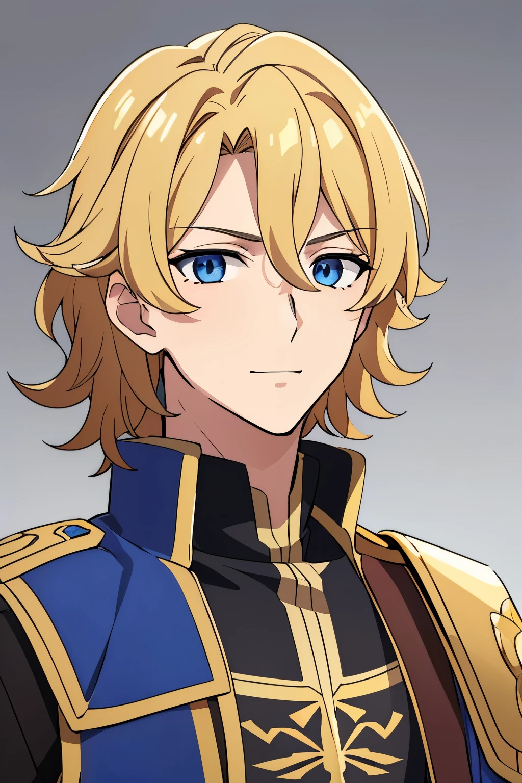 (high-quality, breathtaking),(expressive eyes, perfect face) 1boy, male, solo, portrait, young adult, age 18, Fire Emblem Awakening, Symmetrical Eyes, Fire Emblem, golden blonde hair color, short hair length, messy wavy hair, upper body, blue eyes, positive expression, charming smile, detailed eyes, blonde brown hair, narrow eyes, kind expression, cape, armor, gold trim, weapon, benevolent prince, grey background, detailed eyes
