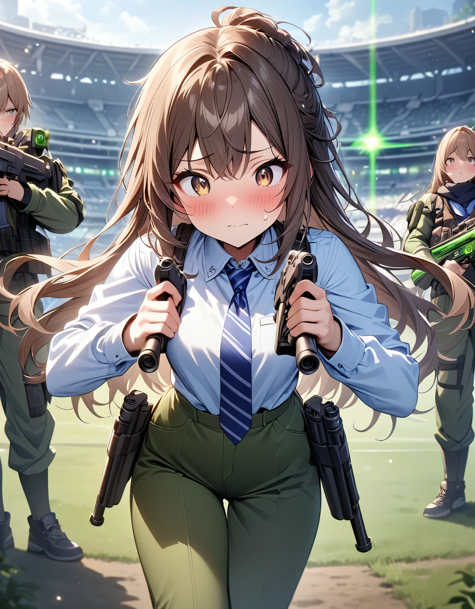 masterpiece, best quality, highres, 1girl, solo, solo focus, dark brown hair, long hair, hazel brown eyes, beautiful detailed eyes, beautiful detailed face, cute face, light blue shirt, long sleeves, shoulder holster, blue striped necktie, green pants, black shoes. blush, shy, klutzy, small sweatdrop on head. tokyo stadium backdrop, outdoors. holding weapon, holding gun, holding rifle with two hands, blaster, trigger discipline. dodging green laser gunfire.