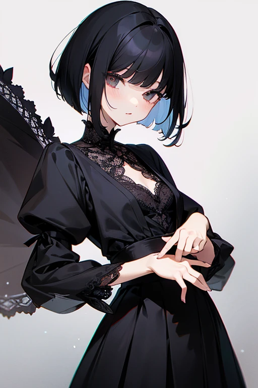 Black Hair、Short Bob、cute、beautiful、sharp、Lace clothes、