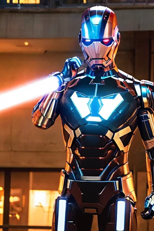 A man wearing a cybernetic bodysuit and cybernetic helmet like Robocop or Iron Man is fighting aliens in a city at night.、Image of a person holding a lightsaber-like weapon