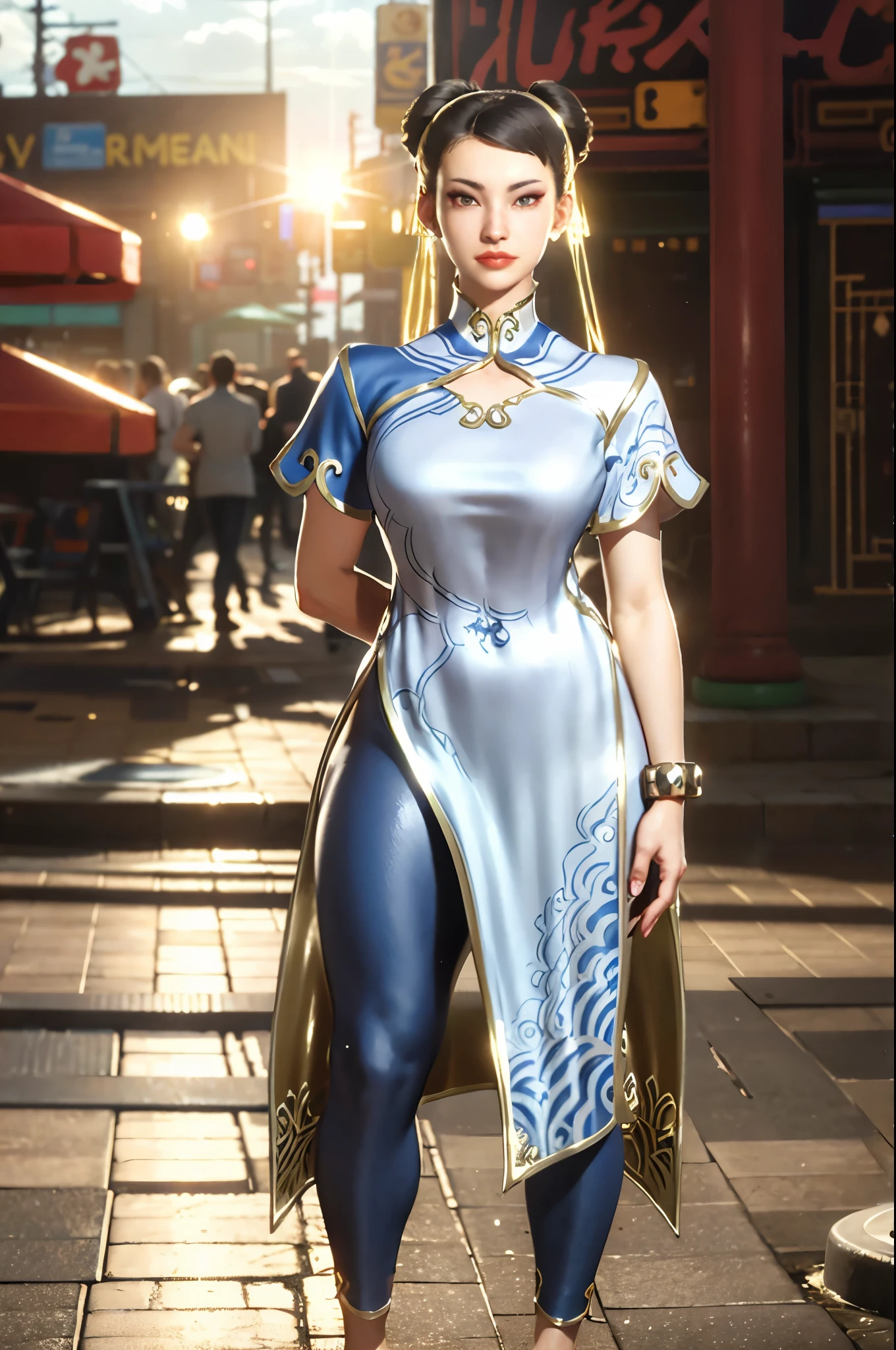 realistic, realism, photorealism, photo-realistic, high contrast, (photorealistic:1.4), 8k high definition detailed realistic, (best quality, masterpiece:1.2),  photon mapping, radiosity, physically-based rendering, best quality, highly detailed, 1girl, sfchunli, brown eyes, outdoor, street, city, daytime, cloudy, sunny, flare, outdoor, street, city, daytime, cloudy, sunny, flare,outdoor, street, city, daytime, cloudy, sunny, flare,outdoor, street, city, daytime, cloudy, sunny, flare, standing, sexy pose, full body view