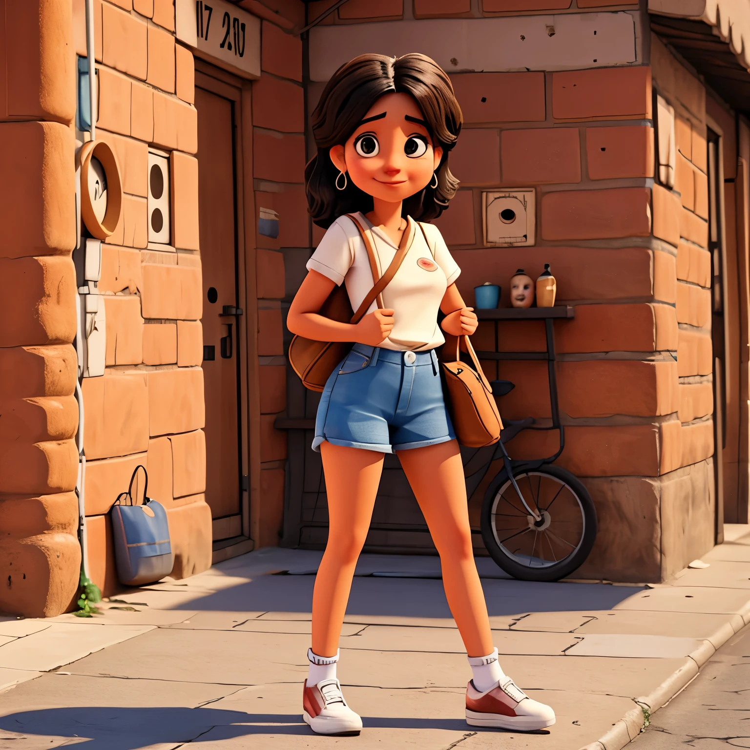 Mujer joven con falda larga estilo Cartoon de pie en la calle