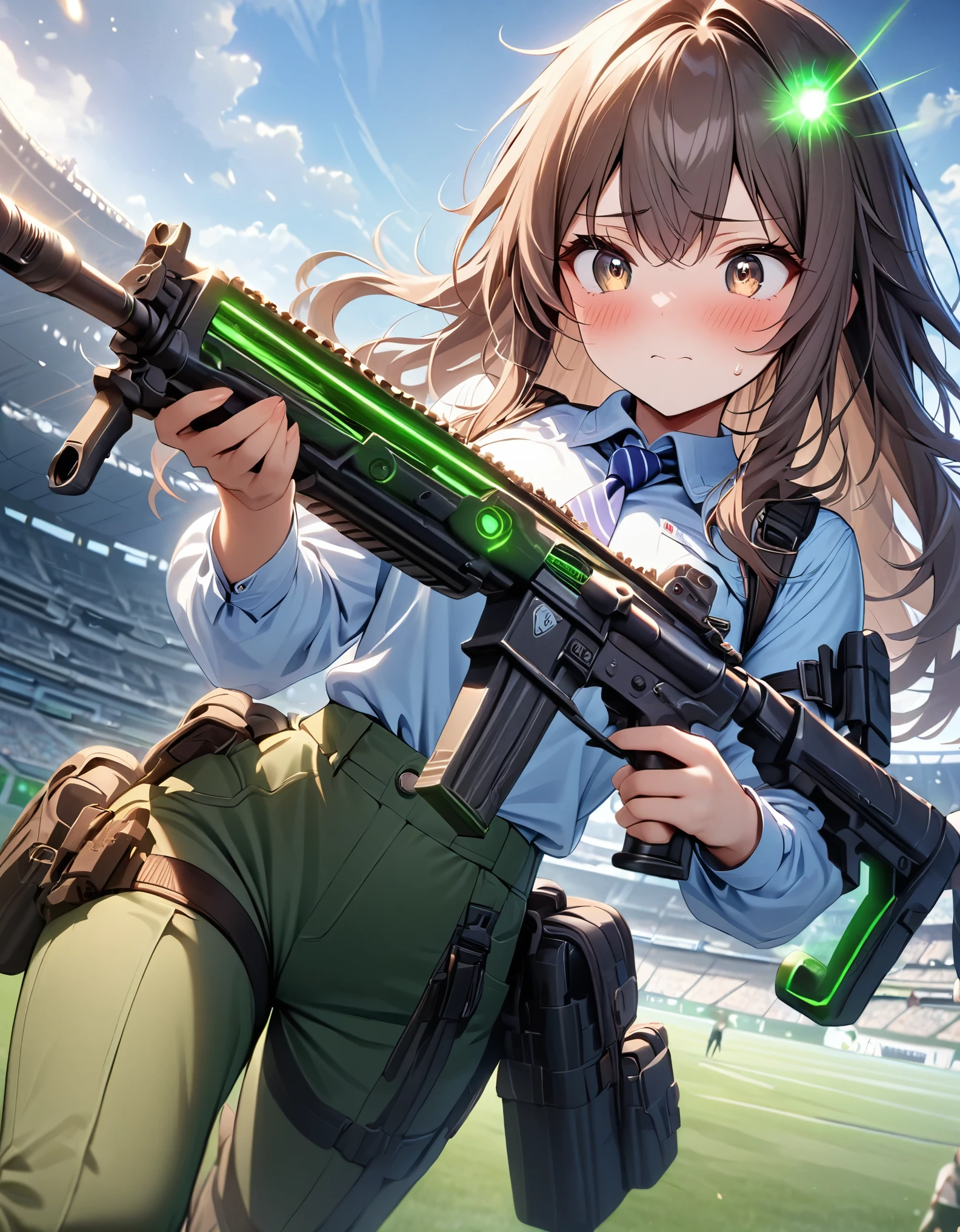 masterpiece, best quality, highres, 1girl, solo, solo focus, dark brown hair, long hair, hazel brown eyes, beautiful detailed eyes, beautiful detailed face, cute face, light blue shirt, long sleeves, shoulder holster, blue striped necktie, green pants, black shoes. blush, shy, klutzy, small sweatdrop on head. tokyo stadium backdrop, outdoors. holding weapon, holding gun, holding rifle with two hands, blaster, trigger discipline. dodging green laser gunfire.