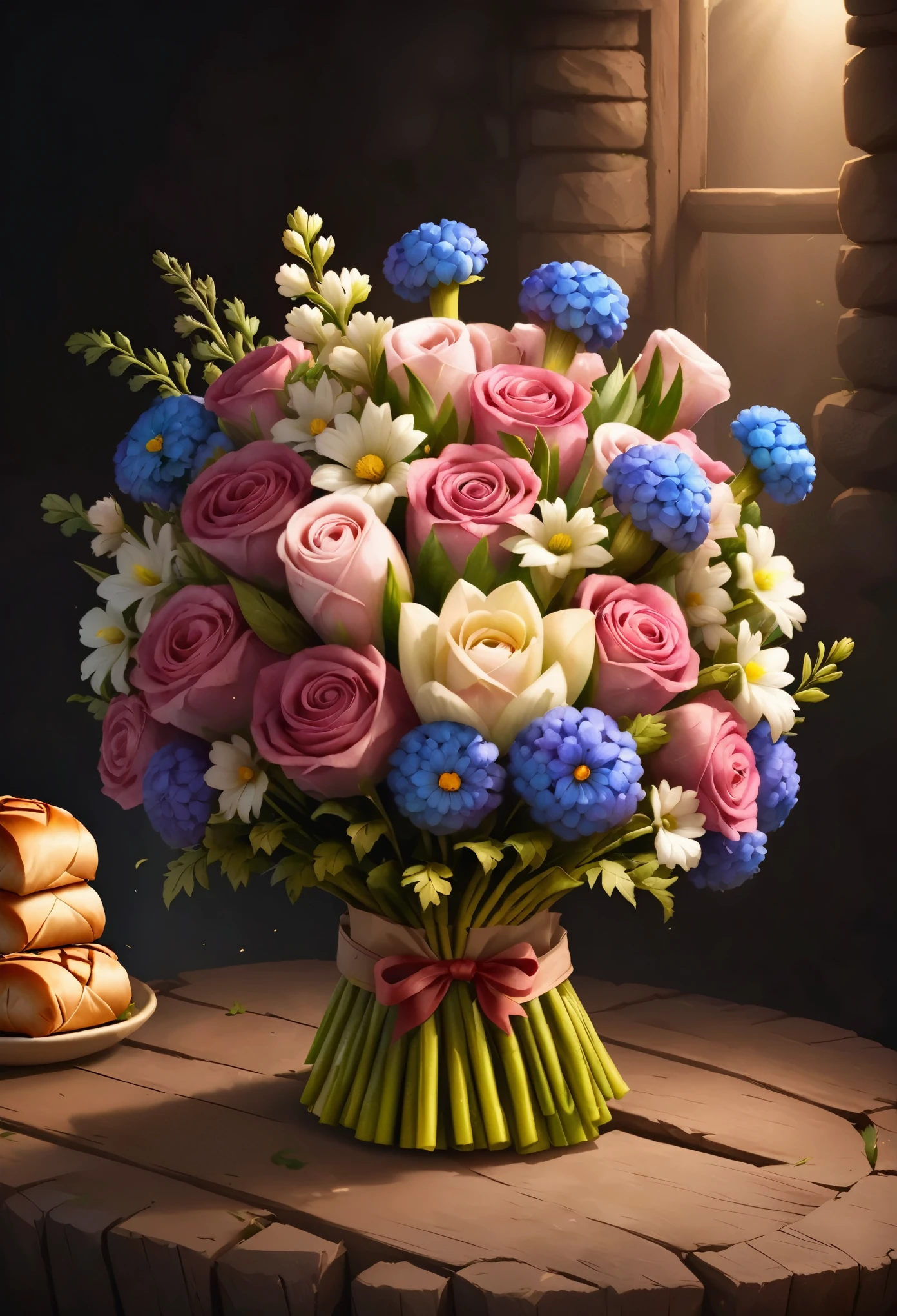 Very lovely and attractive flower bouquet,Gift,Flowers are replaced with mutton rolls, Movie Lighting, Fantasy Art,, epic realistic,