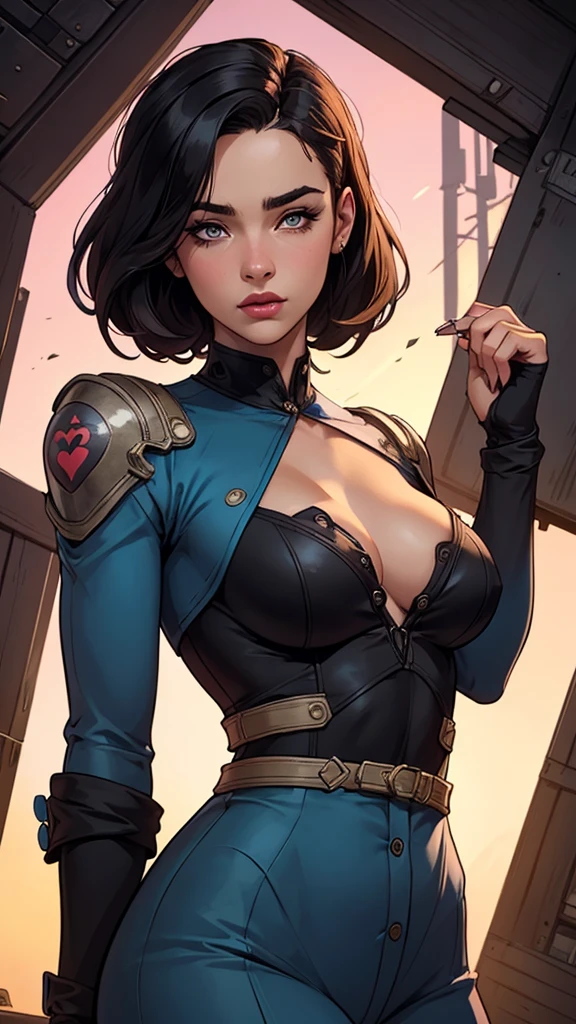 Personagem mulher estilo atompunk Fallout 4 cabelos pretos atriz Ella Purnell com marcas de guerras Imagem de desenho animado de uma mulher .Ilustracaoo estilo desenho animado, estilo de arte dos desenhos animados, estilo de arte dos desenhos animados, digital illustration style, estilo atompunk design de personagens altamente detalhado, arte digital detalhada coragem,actress Ella Purnell with black hair slim body Forest fan art, Design de cabelos pretos personagens de retrato, beautiful digital illustration, retrato de alta qualidade, Arte em quadrinhos, s . Eyelined eyes, medium bust and wonderful sexy clothes. image expression of sexual desire from waist to head illustration atompunk style Fallout 4 The perspective is from below, enfatizando a majestade e o poder da Gigante."actress Ella Purnell black hairA full-length illustration of a woman with fair skin, big olhos coloridos (olhos coloridos), sobrancelhas largas castanhas escuras, a button nose, sardas fracas, a heart-shaped face, pink lips with a soft Cupid's bow, her hair is chin length and short with a parte do meio and butterfly cut (cabelo curto) (parte do meio) (Galaxy), Her hair is dark brown (cabelo castanho muito escuro) but has a Galaxy in them and dozens of stars. She has a serious and intimidating expression. She is wearing an all terninho preto (terninho preto) com um top preto, luvas pretas sem dedos, muitos colares (muitos colares) (many rings), e sapatilhas pretas. She's floating and her hair is floating too. The background is a city at dusk with dark purple and blue.