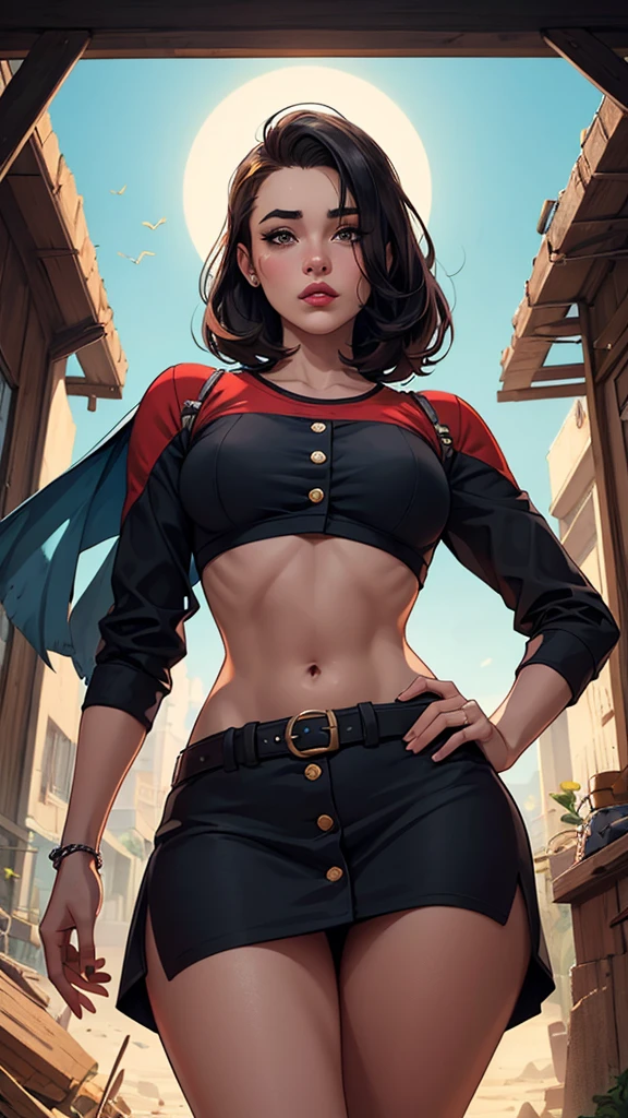 Personagem mulher estilo atompunk Fallout 4 cabelos pretos atriz Ella Purnell com marcas de guerras Imagem de desenho animado de uma mulher .Ilustracaoo estilo desenho animado, estilo de arte dos desenhos animados, estilo de arte dos desenhos animados, digital illustration style, estilo atompunk design de personagens altamente detalhado, arte digital detalhada coragem,actress Ella Purnell with black hair slim body Forest fan art, Design de cabelos pretos personagens de retrato, beautiful digital illustration, retrato de alta qualidade, Arte em quadrinhos, s . Eyelined eyes, medium bust and wonderful sexy clothes. image expression of sexual desire from waist to head illustration atompunk style Fallout 4 The perspective is from below, enfatizando a majestade e o poder da Gigante."actress Ella Purnell black hairA full-length illustration of a woman with fair skin, big olhos coloridos (olhos coloridos), sobrancelhas largas castanhas escuras, a button nose, sardas fracas, a heart-shaped face, pink lips with a soft Cupid's bow, her hair is chin length and short with a parte do meio and butterfly cut (cabelo curto) (parte do meio) (Galaxy), Her hair is dark brown (cabelo castanho muito escuro) but has a Galaxy in them and dozens of stars. She has a serious and intimidating expression. She is wearing an all terninho preto (terninho preto) com um top preto, luvas pretas sem dedos, muitos colares (muitos colares) (many rings), e sapatilhas pretas. She's floating and her hair is floating too. The background is a city at dusk with dark purple and blue.
