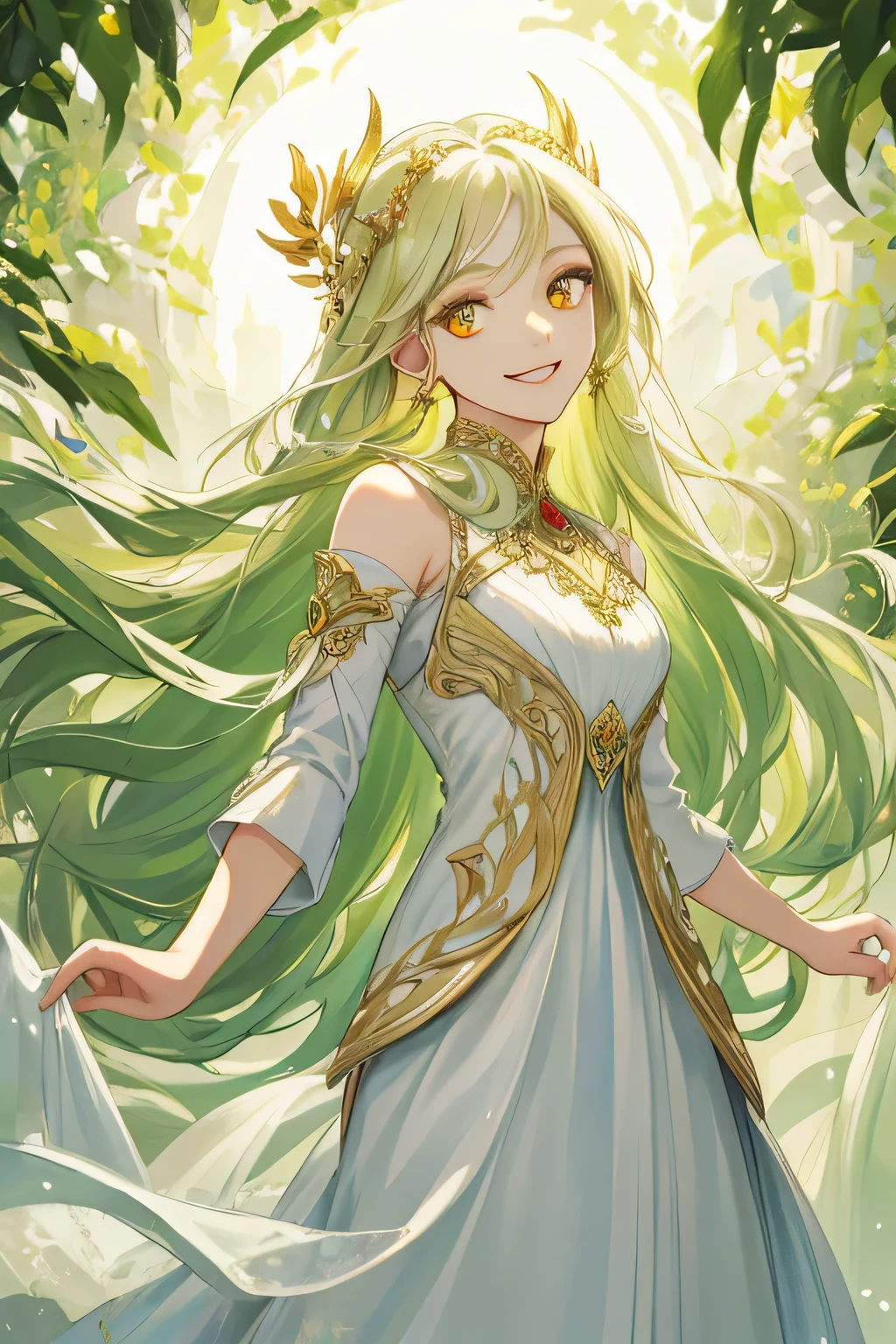 (masterpiece), best quality, expressive eyes, yunani saintess dress style painting of beautiful, white long dress, lush and haunting background, lime long hair, golden eyes, smile mouth,