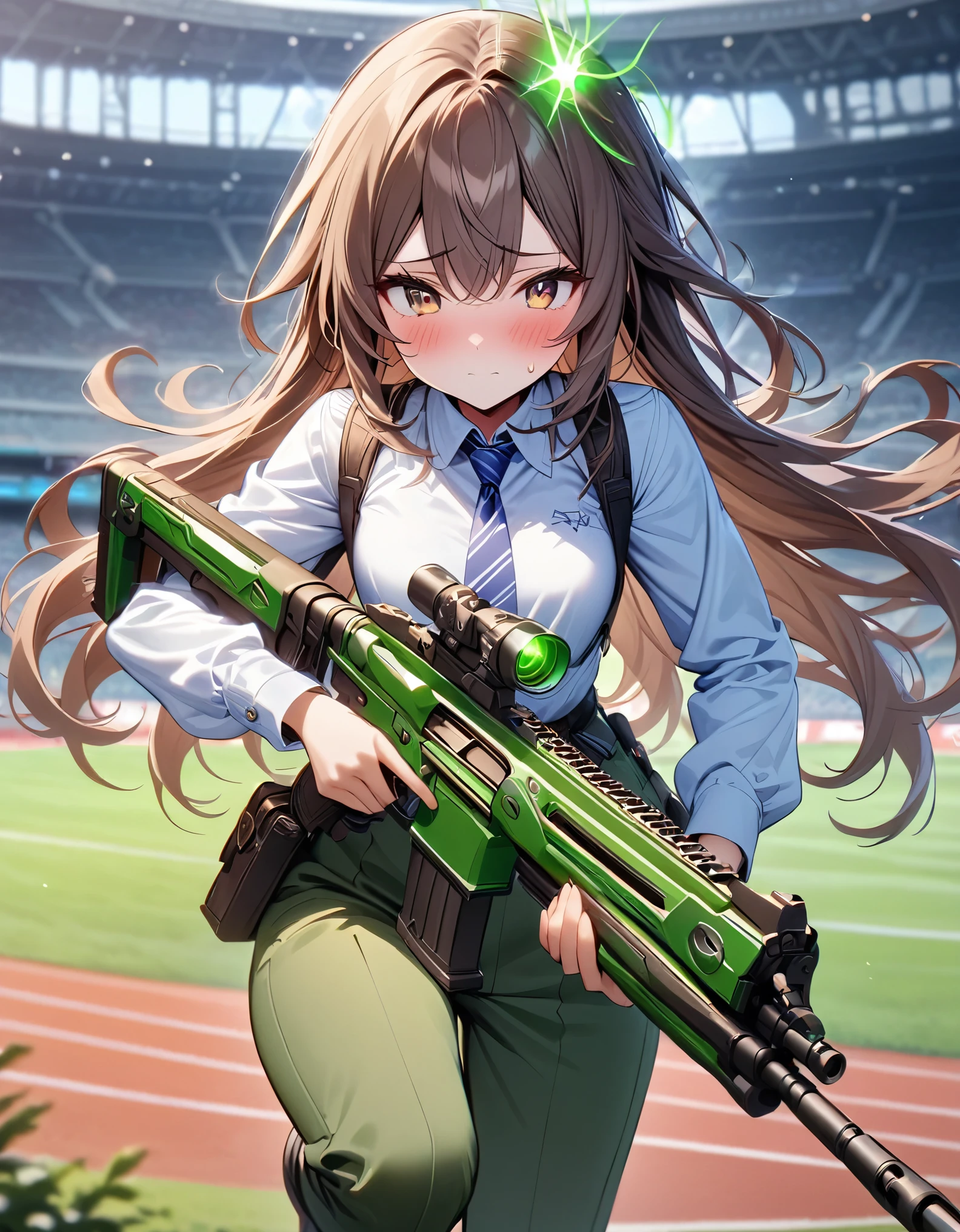 masterpiece, best quality, highres, 1girl, solo, solo focus, dark brown hair, long hair, hazel brown eyes, beautiful detailed eyes, beautiful detailed face, cute face, light blue shirt, long sleeves, shoulder holster, blue striped necktie, green pants, black shoes. blush, shy, klutzy, small sweatdrop on head. tokyo stadium backdrop, outdoors. holding weapon, holding gun, holding rifle with two hands, blaster, trigger discipline. dodging green laser gunfire.