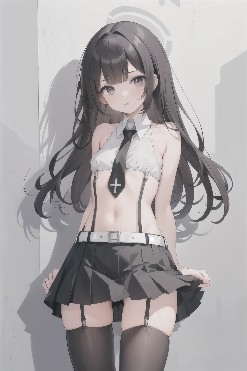 1girl, solo, suspender skirt, sleeveless shirt, garter straps,
,miniskirt, black necktie, groin, belt, arms at sides, small , bare arms, crop top, long hair,bow-shaped hair, white thighhighs,