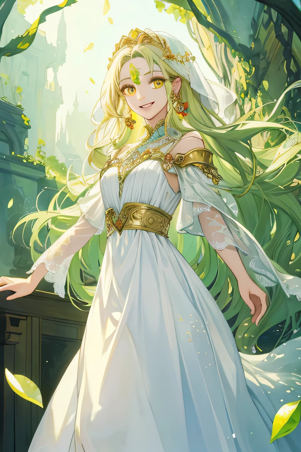 (masterpiece), best quality, expressive eyes, yunani saintess dress style painting of beautiful, white long dress, lush and haunting background, lime long hair, golden  eyes, smile mouth, 