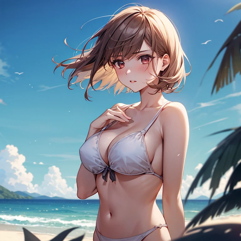 (masterpiece:1.4),, (highest quality:1.4),, Ultra-high resolution,, 8k, CG,, (Very delicate and beautiful:1.2),, , whole body,, From the side,, View your viewers,, , One girl,, alone,, Robber Girl,, Mature Girls,, , cute, sweet,, , in the sea,, Blurred Background,, ,Short Hair,, ,, , 茶colorの目,, color々Expression,, Red lips,, , Face blown by the wind,, , Swimwear,, Big Breasts,Get angry,
