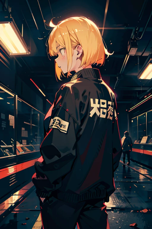 Jujutsu Kaisen, girl, back view, night, cute, cool, wearing headphones, bob, blonde hair, cluttered, lots of things, downtown, neon, lots of colors, cigarette, dark space, bad feeling
