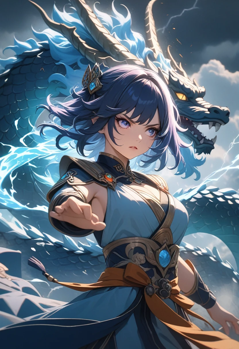 (best quality, 4k, highres, masterpiece:1.2), ultra-detailed, realistic:1.37, Chinese dragon, bust shot, Genshin, girl, thunder elemental, vibrant colors, traditional art style, mystical lighting, flowing robes, ornate jewelry, intricate scales, fierce expression, powerful stance, dynamic energy, menacing storm clouds, sparks of lightning, swirling wind, magical atmosphere