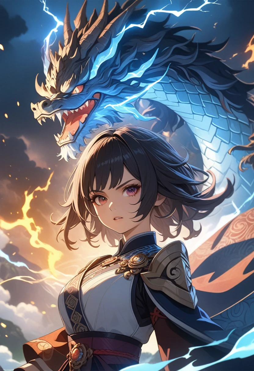 (best quality, 4k, highres, masterpiece:1.2), ultra-detailed, realistic:1.37, Chinese dragon, bust shot, Genshin, girl, thunder elemental, vibrant colors, traditional art style, mystical lighting, flowing robes, ornate jewelry, intricate scales, fierce expression, powerful stance, dynamic energy, menacing storm clouds, sparks of lightning, swirling wind, magical atmosphere