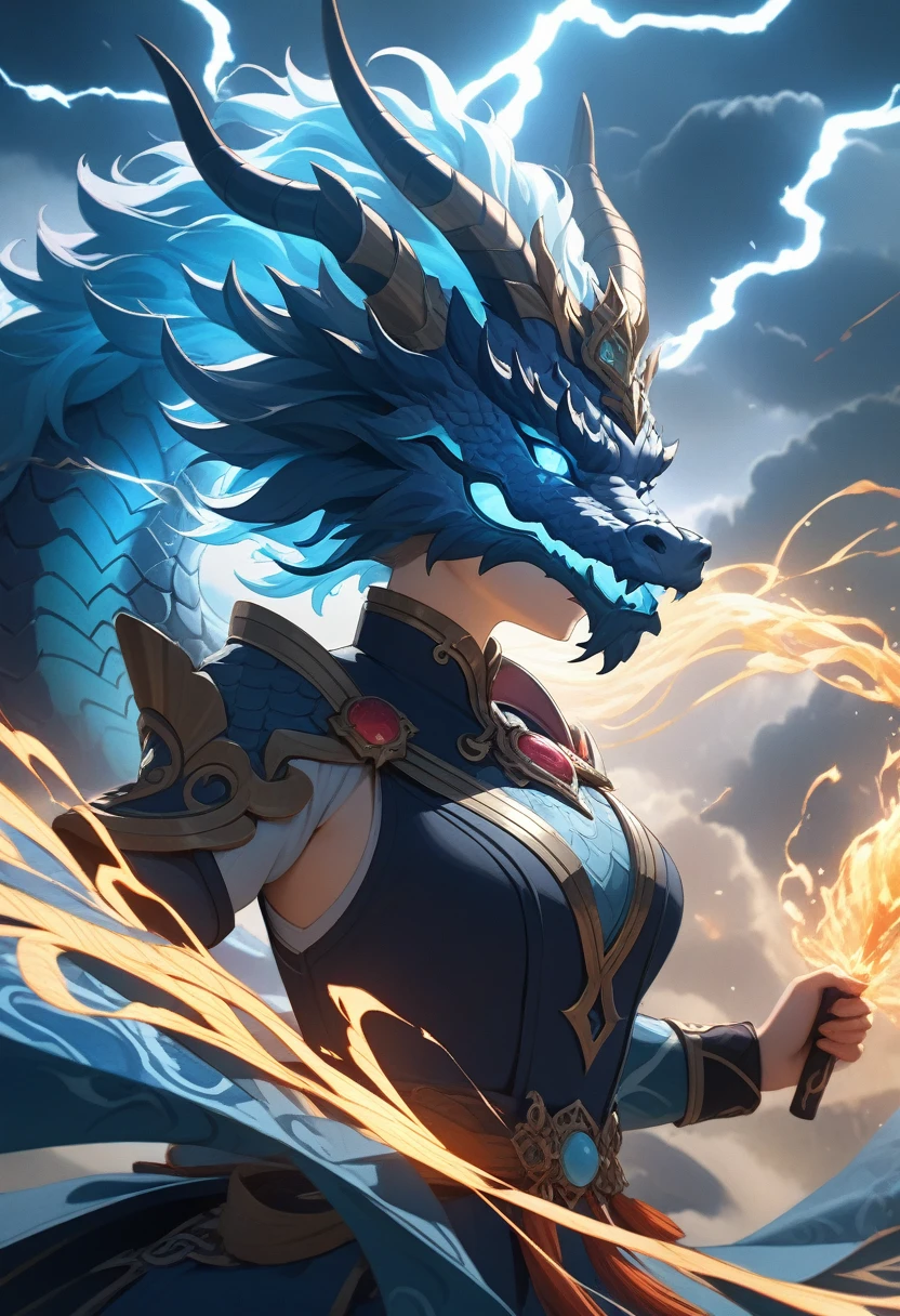 (best quality, 4k, highres, masterpiece:1.2), ultra-detailed, realistic:1.37, Chinese dragon, bust shot, Genshin, girl, thunder elemental, vibrant colors, traditional art style, mystical lighting, flowing robes, ornate jewelry, intricate scales, fierce expression, powerful stance, dynamic energy, menacing storm clouds, sparks of lightning, swirling wind, magical atmosphere