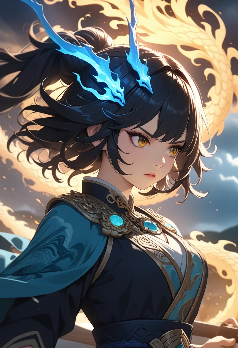 (best quality, 4k, highres, masterpiece:1.2), ultra-detailed, realistic:1.37, Chinese dragon, bust shot, Genshin, girl, thunder elemental, vibrant colors, traditional art style, mystical lighting, flowing robes, ornate jewelry, intricate scales, fierce expression, powerful stance, dynamic energy, menacing storm clouds, sparks of lightning, swirling wind, magical atmosphere