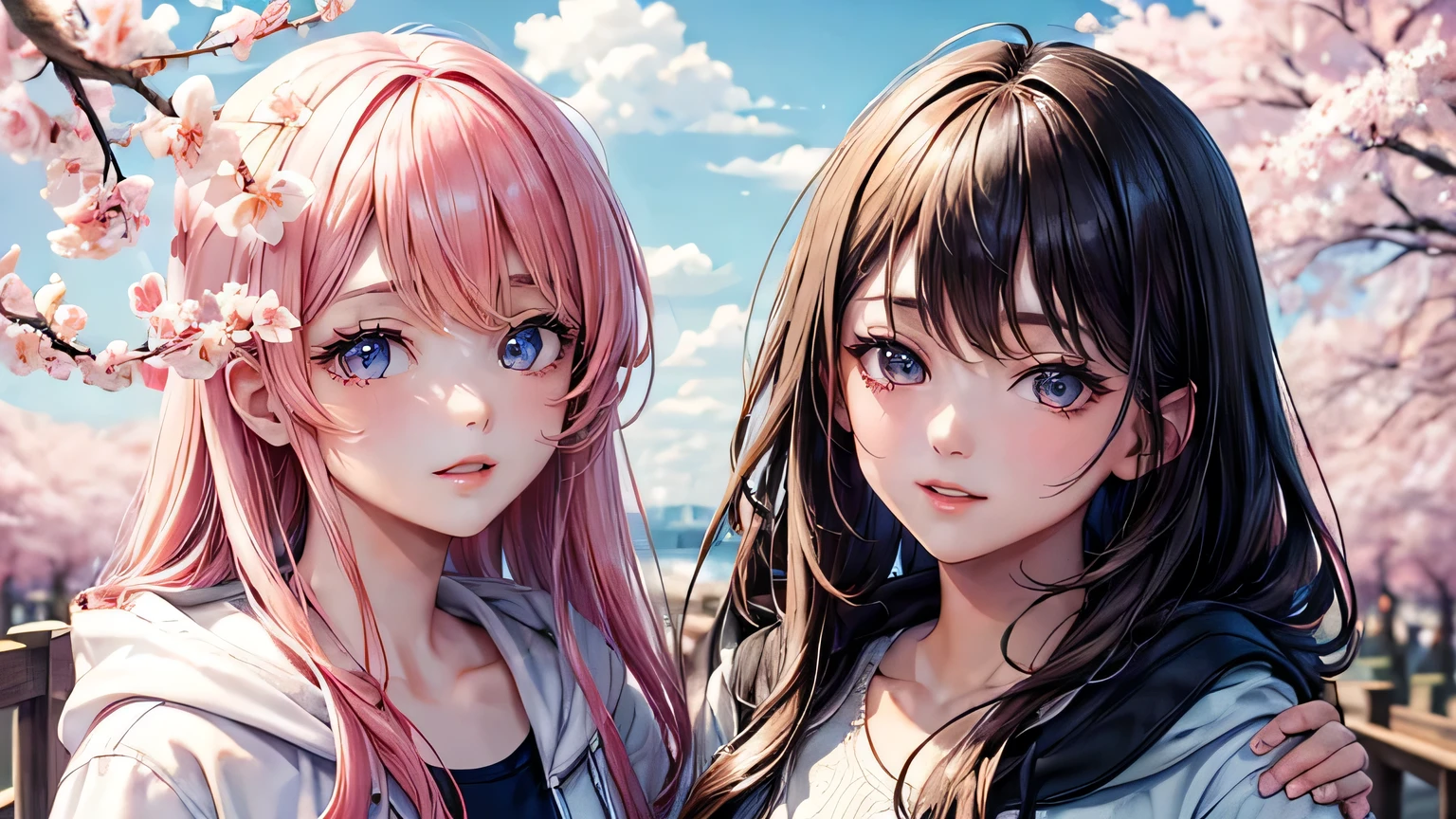 (oil, masterpiece, highest quality, Super detailed, Focus on the characters), One handsome man and one pretty woman、cherry blossoms，Detailed hair depiction,([return:0.8]|[ face facing returnwards:1.1]), 
hoodie,([Night cherry blossoms tree-lined scenario:1.2]|[ ground:1.3]| [High Contrast:1.1])  