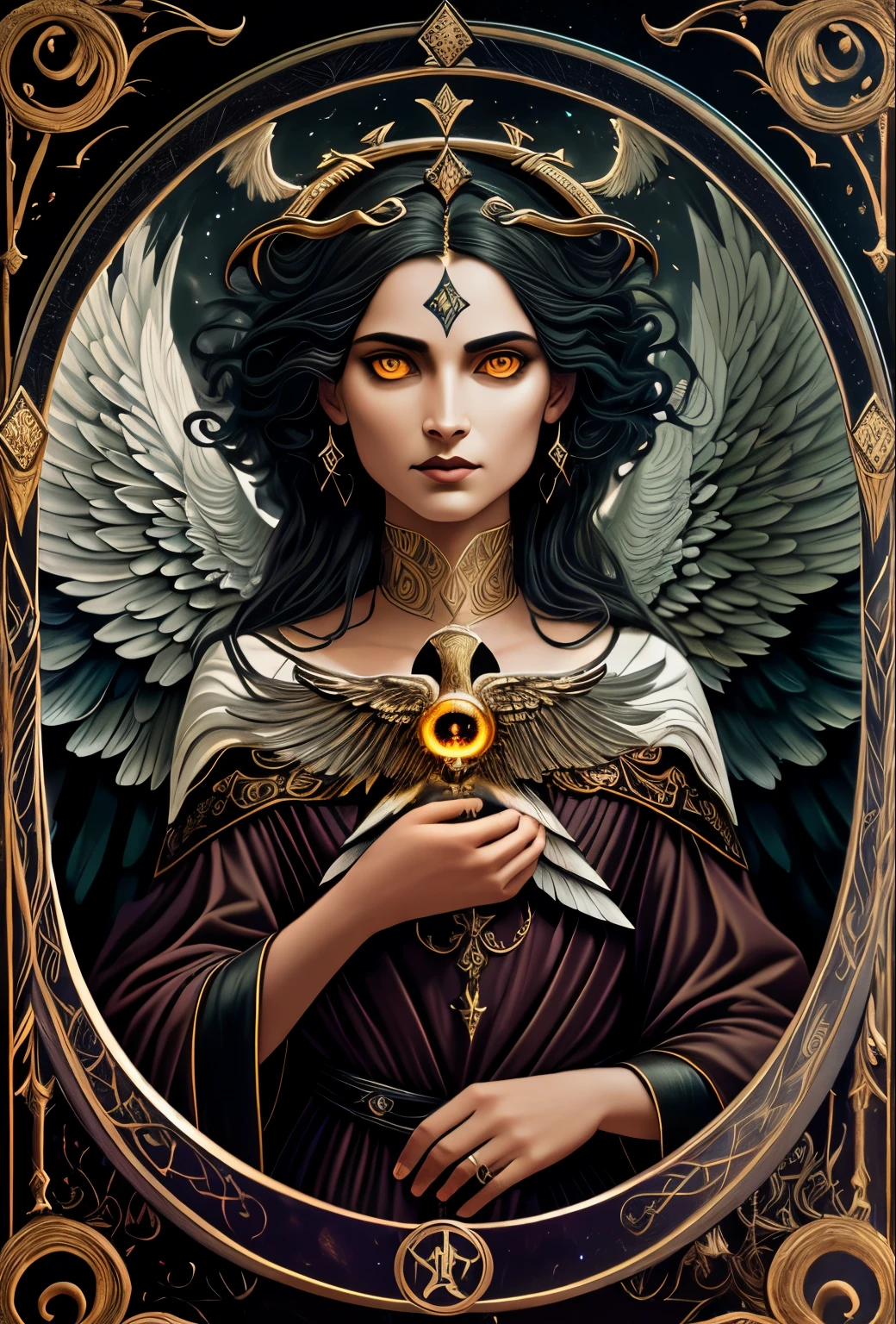 tarot card, (best quality,4k,8k,highres,masterpiece:1.2),ultra-detailed,realistic:1.37,epic art,colorful scary angel,(Apterus:1.5),oil painting,angry eyes,dark wings,vibrant colors,mysterious background,heavenly atmosphere,glowing halo,intense emotions,expressive brushstrokes,haunting presence,ethereal beauty,foreboding shadows,ominous lighting,dramatic composition,demonic features,sharp and detailed feathers,distinctive textures,contrast between light and dark,awe-inspiring,otherworldly,divine,fantasy theme,mythological creature,impressive wingspan,dynamic pose,ominous clouds,fallen angel,intricate details,captivating,unforgettable,visually stunning