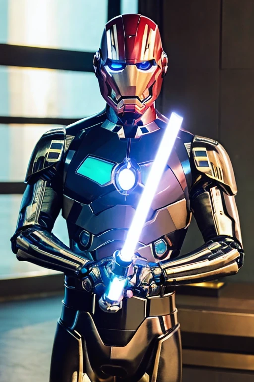 A man wearing a cybernetic bodysuit and cybernetic helmet like Robocop or Iron Man is fighting aliens in a city at night.、Image of a person holding a lightsaber-like weapon