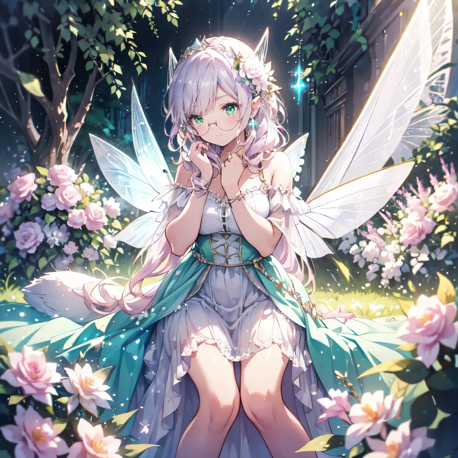 (highest quality, Very detailed, beautiful, Exquisite, 16k, Full HD), Looking down,(Sleep on your back,On the bed),((soft, Sparkly layered dress)),A large and beautiful dress inspired by rose flowers, Hanabubuki,The screen is surrounded by flowers,Frills,Decorated with rhinestones、Ball gown with intricate waves,(Art Station, Fantasy art:1.2), pastel colour,((Giant white fairy wings:1.5)),(fluffy hair,tiara,anklet,Long eyelashes, beautiful green eyes,Cheeks are pale pink,fluffy),Dazzling Light, Warm lighting,Bright light,Romantic light,Light purple hair,Glasses