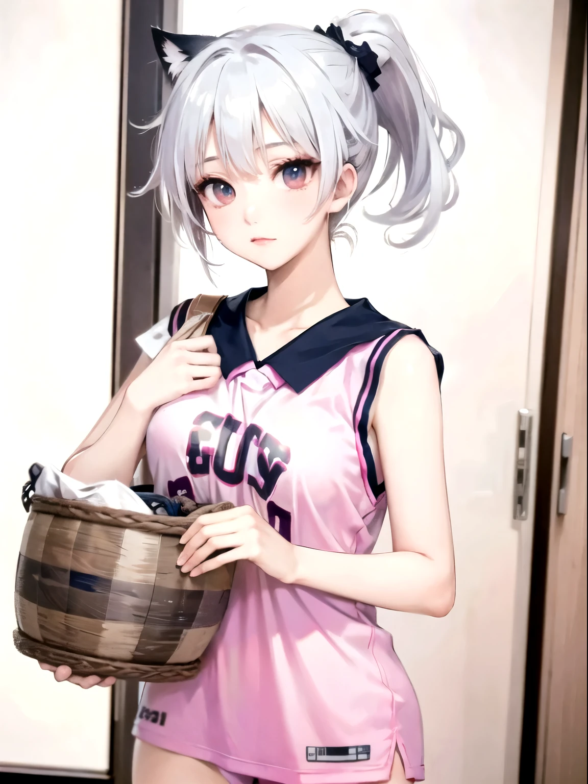 ((best quality)), ((masterpiece)), (detailed), perfect face. White hair. Ponytail. Anime girl. Asian girl. Nekomimi. Ulzzang. Pink eyes. Glowing eyes. Basket uniform.