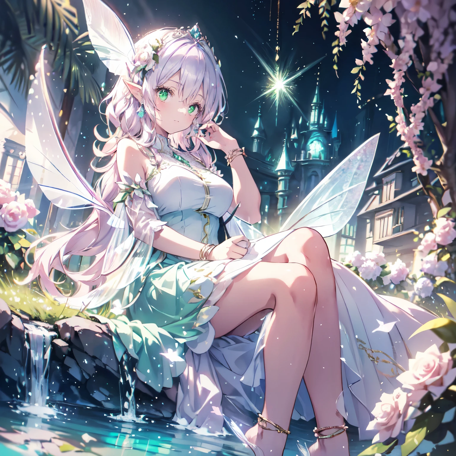 (highest quality, Very detailed, beautiful, Exquisite, 16k, Full HD), Looking down,(Sleep on your back,On the bed),((soft, Sparkly layered dress)),A large and beautiful dress inspired by rose flowers, Hanabubuki,The screen is surrounded by flowers,Frills,Decorated with rhinestones、Ball gown with intricate waves,(Art Station, Fantasy art:1.2), pastel colour,((Giant white fairy wings:1.5)),(fluffy hair,tiara,anklet,Long eyelashes, beautiful green eyes,Cheeks are pale pink,fluffy),Dazzling Light, Warm lighting,Bright light,Romantic light,Light purple hair,Glasses