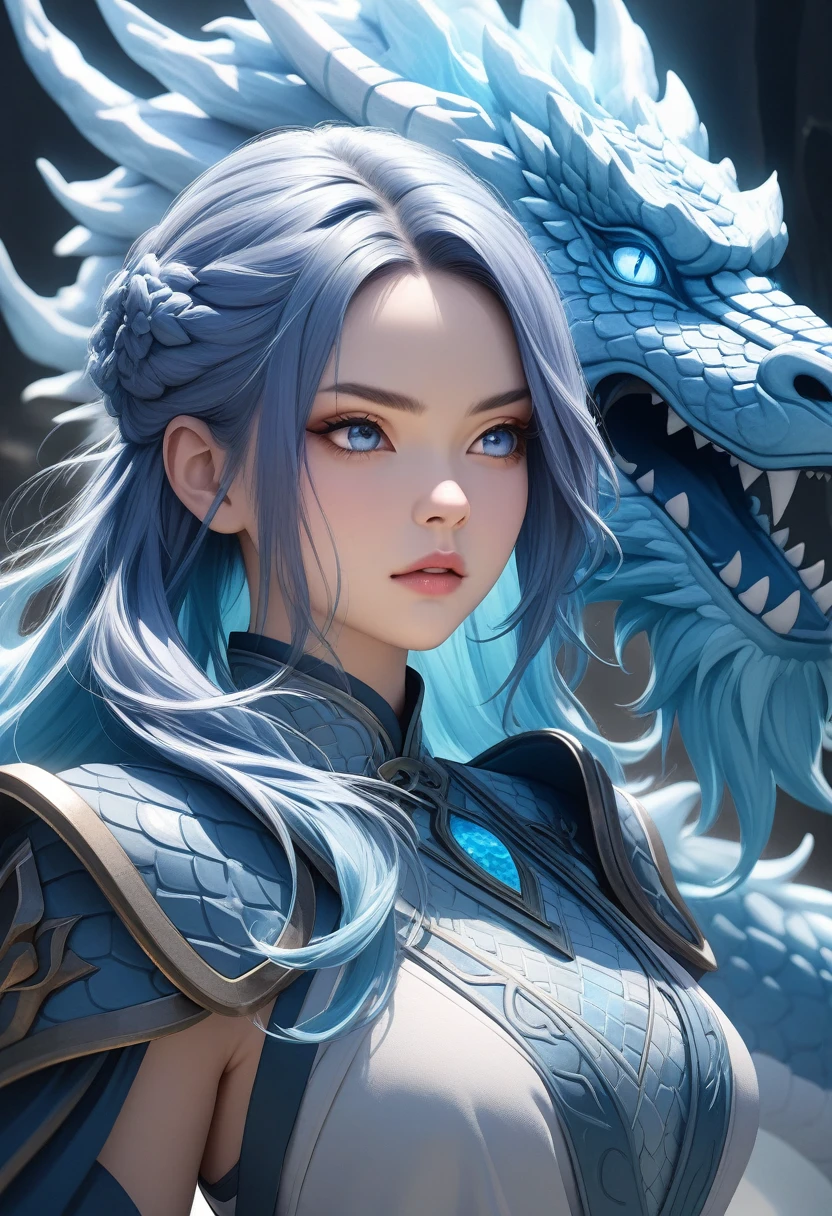 (blue, vibrant, dynamic:1.1), (best quality, highres:1.2), (realistic, photorealistic:1.37), masterpiece:1.2, Chinese dragon, Bust shot, detailed face, detailed scales, expressive eyes, flowing mane, fierce expression, powerful jawline, intricate details, Genshin-inspired characters, ice elementals surrounding the dragon, ethereal glow, icy blue and white color palette, magical atmosphere, dramatic lighting, mystical ambiance