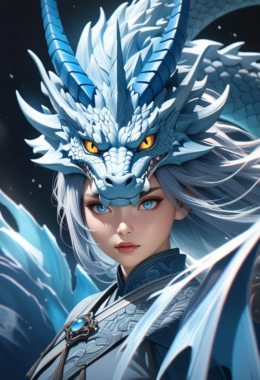 (blue, vibrant, dynamic:1.1), (best quality, highres:1.2), (realistic, photorealistic:1.37), masterpiece:1.2, Chinese dragon, Bust shot, detailed face, detailed scales, expressive eyes, flowing mane, fierce expression, powerful jawline, intricate details, Genshin-inspired characters, ice elementals surrounding the dragon, ethereal glow, icy blue and white color palette, magical atmosphere, dramatic lighting, mystical ambiance