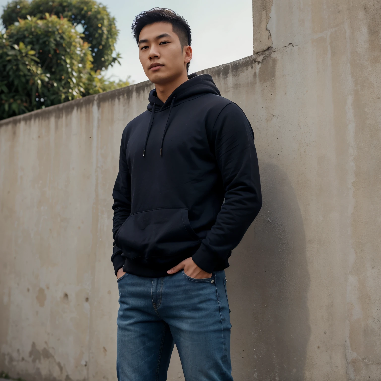 Asian guy, mole above the lip on the right side, height 176 cm, in a hoodie and jeans, Athletic
