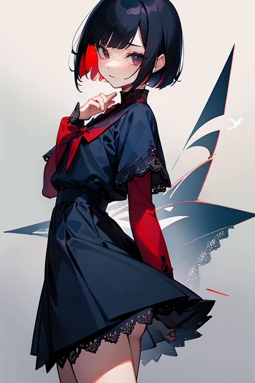 Black Hair、Short Bob、cute、beautiful、sharp、Lace clothes、Beauty、Red and navy blue clothes、Charm、