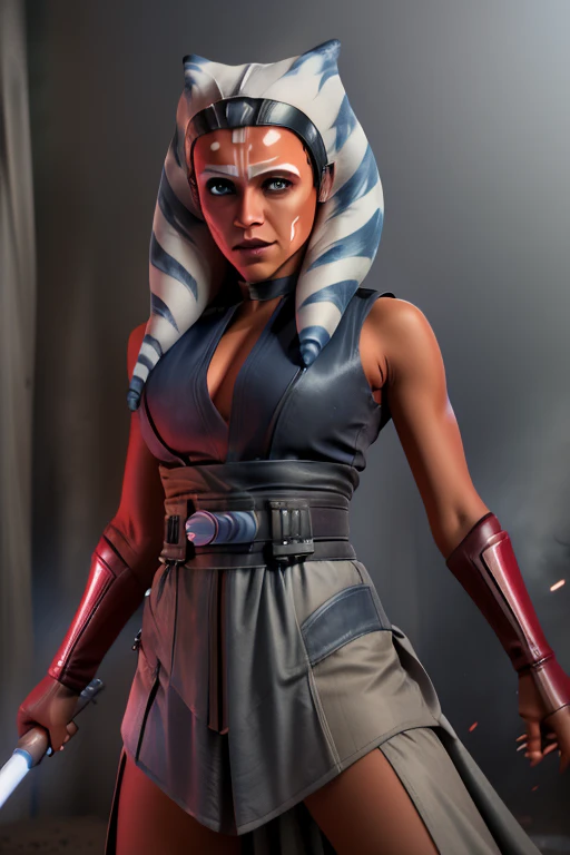 (best quality,ultra-detailed),(realistic:1.37),extremely detailed eyes and face,Ashoka Tano,beautiful detailed eyes,beautiful detailed lips,graceful posture,Ashoka fighting stance,Ashoka's blue lightsaber,Ashoka's Jedi robe,lightsaber duel,Star Wars universe,saber skills,battle of light and dark,dramatic composition,action-packed,force powers,master and apprentice,dangerous encounter,Darth Vader's imposing figure,eerie atmosphere,powerful force,red lightsaber,conflict of good and evil,force choke,The Force,Ashoka's determined expression,Ashoka's face scar,high-intensity battle,emotional confrontation,intense energy,Ashoka's lekku head-tails swaying,surrounded by darkness,dynamic lighting,blue and red light,clashing sabers,motion blur,explosive impact,sparks flying,creative visual effects,thrilling and immersive,Ashoka's strength and bravery,Ashoka's heroism,Ashoka's growth and development,deep connection with the Force,breathtaking artwork,Star Wars fans' delight,genre-blending masterpiece.