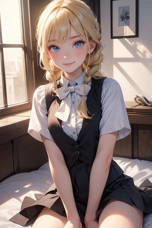 (8k, highest quality, Tabletop:1.2)、Ultra-high resolution、One 12-year-old girl, Perfect Fingers, Detailed face, smile, blue eyes, Blonde, Braid, White panties, White blouse, Black vest, Western-style room, futon, Lie down with your legs outstretched