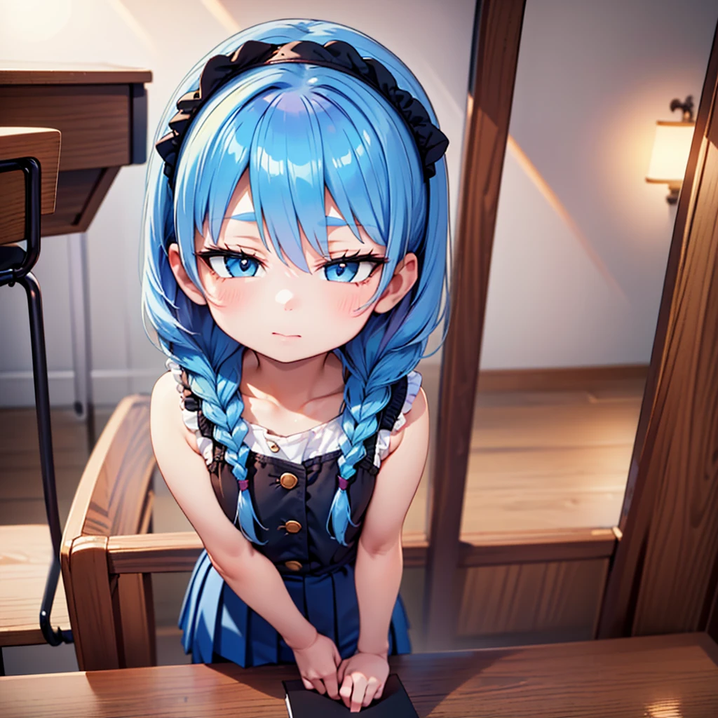 (best quality, masterpiece, uncensored, high quality, ultra detailed, extremely detailed CG, beautiful face, beautiful eyes, beautiful hair), solo, 1girl, (((loli:1.3))), ((((4 years old)))), (infant), (upper body), (light blue hair, short twin braids, hairs between eyes:1.5, crossed bangs:1.5), (beautiful big eyes, golden yellow eyes, Tsurime), (happy, expressionless), (book, hairband), (peach , navy blue mini pleated skirt), (frilled legwear, platform boots), (extremely awesome detailed deep-silky-healthy-lackwarm-foundational-soft-skin:1.1), (extremely awesome detailed gleaming skin), (extremely awesome detailed pretty face, extremely awesome detailed eyes, extremely awesome detailed shiny hair:1.2), extremely awesome detailed dynamic lighting, extremely awesome detailed caustic, extremely awesome detailed deep shadows,(best quality, highres, absurdres, extremely awesome detailed CG unity 8K HDR wallpaper, perfect anatomy:1.1),(extremely awesome detailed realistic, extremely awesome detailed 3d:1.0)