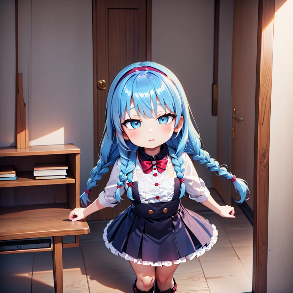 (best quality, masterpiece, uncensored, high quality, ultra detailed, extremely detailed CG, beautiful face, beautiful eyes, beautiful hair), solo, 1girl, (((loli:1.3))), ((((4 years old)))), (infant), (light blue hair, short twin braids, hairs between eyes:1.5, crossed bangs:1.5), (beautiful big eyes, golden yellow eyes, Tsurime), (happy, expressionless), (book, hairband), (peach , navy blue mini pleated skirt), (frilled legwear, platform boots), (extremely awesome detailed deep-silky-healthy-lackwarm-foundational-soft-skin:1.1), (extremely awesome detailed gleaming skin), (extremely awesome detailed pretty face, extremely awesome detailed eyes, extremely awesome detailed shiny hair:1.2), extremely awesome detailed dynamic lighting, extremely awesome detailed caustic, extremely awesome detailed deep shadows,(best quality, highres, absurdres, extremely awesome detailed CG unity 8K HDR wallpaper, perfect anatomy:1.1),(extremely awesome detailed realistic, extremely awesome detailed 3d:1.0)