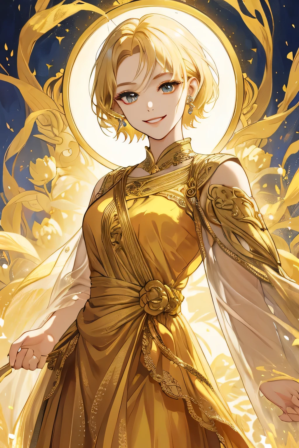 (masterpiece), best quality, expressive eyes, yunani saintess dress style painting of beautiful, golden long dress, lush and haunting background, blonde short hair, golden eyes, smile mouth,