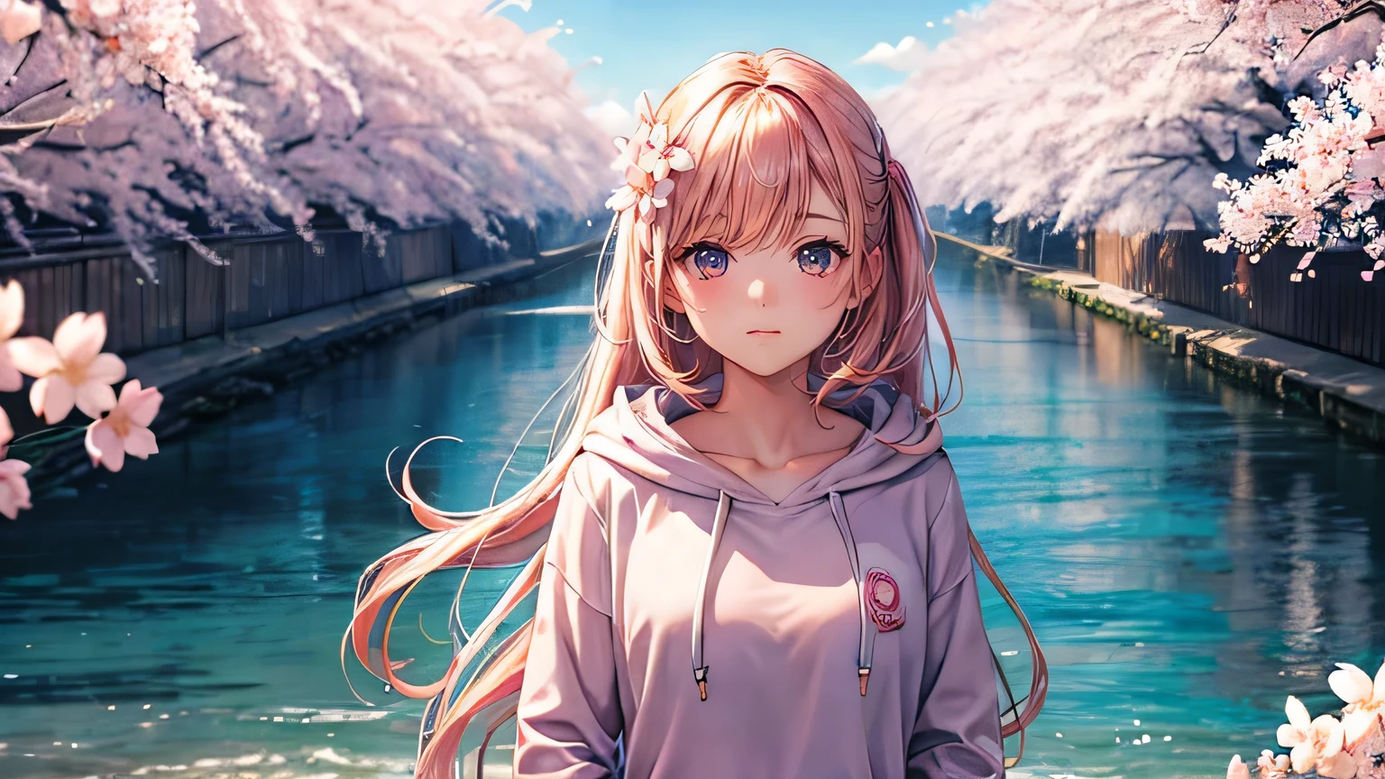 (oil, masterpiece, highest quality, Super detailed, Focus on the characters), Handsome man alone，Cute woman alone、cherry blossoms，Detailed hair depiction,([return:0.8]|[ face facing returnwards:1.1]), 
hoodie,([Night cherry blossoms tree-lined scenario:1.2]|[ ground:1.3]| [High Contrast:1.1])  